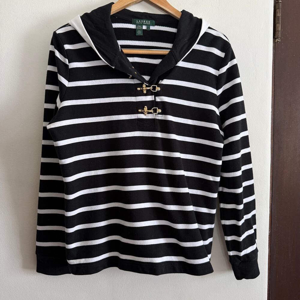 90s Vintage LAUREN RALPH LAUREN Black and White Striped Hooded Sweatshirt Large